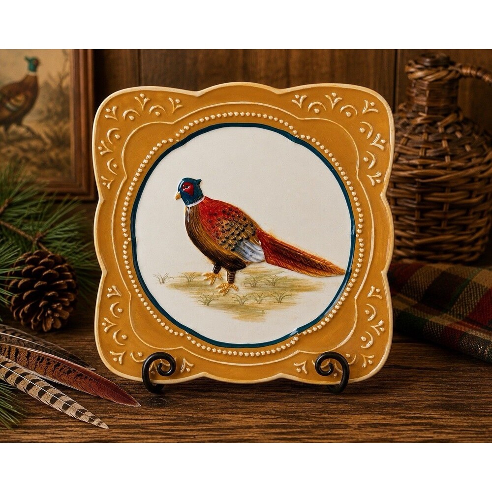 Leila D. Platt Market Pheasant 8in Square Plate Decorative Bird Serving Platter
